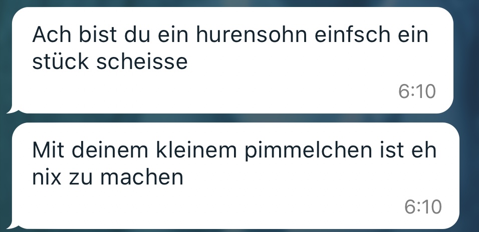 Screenshot einer Textnachricht. Mit dem Text:
Ach du bist ein hurensohn einfsch ein stück scheisse
Mit deinem kleinen Pummelchen ist eh nix zu machen