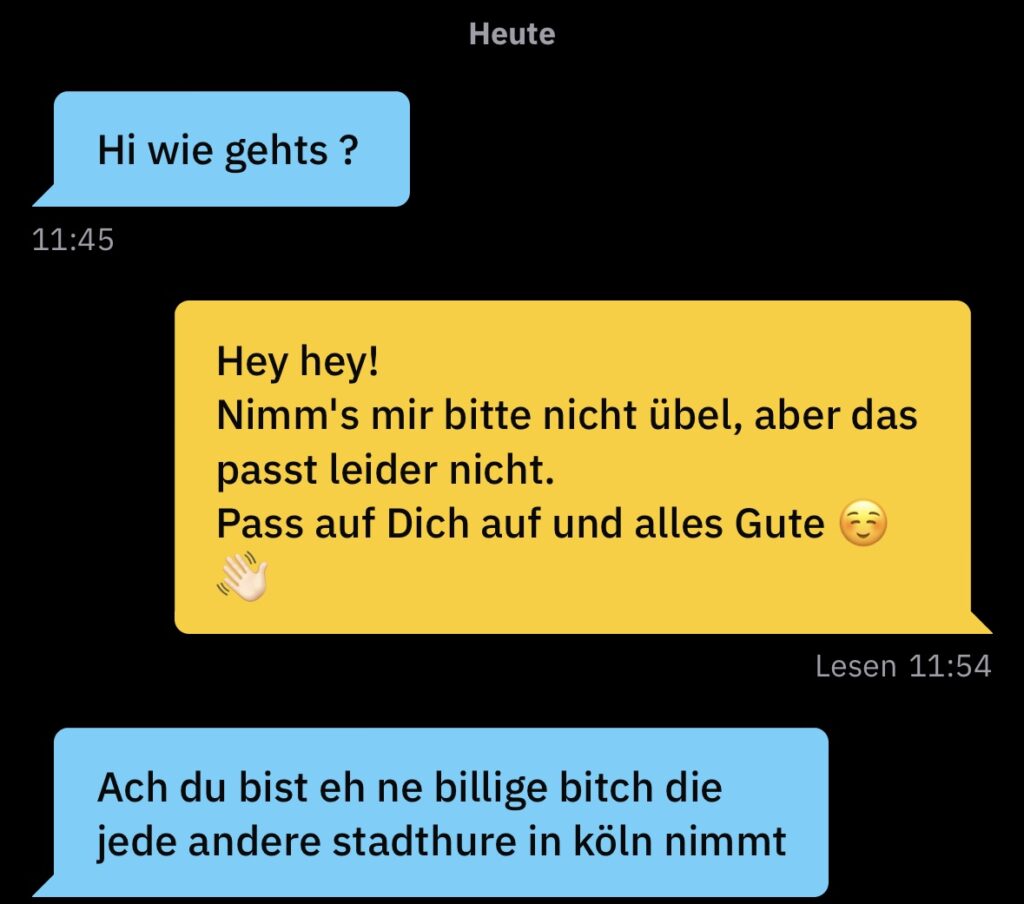 Grindr Screenshot mit dem Text:
Hi wie gehts?
Hey hey! Nimm's mir bitte nicht übel, aber das passt leider nicht. Pass auf Dich auf und alles Gute.
Ach du bist eh ne billige bitch die jede andere Stadthure in Köln nimmt
